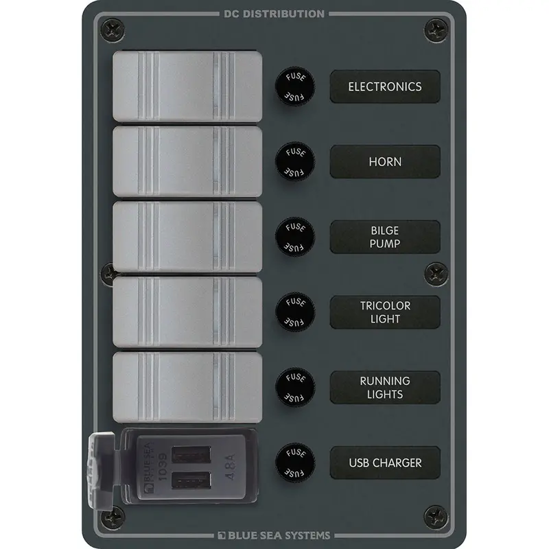 Blue Sea Systems 8121 Contura Switch Panel – 5-Position W/ Dual Usb Chargers (12V/24V Dc) 1