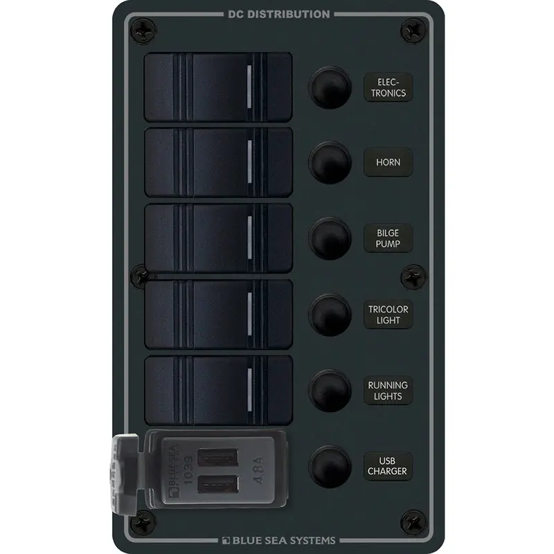 Blue Sea Systems 8521 Contura Switch Panel – 5-Circuit W/ Dual Usb Charging Ports (12V/24V) 1
