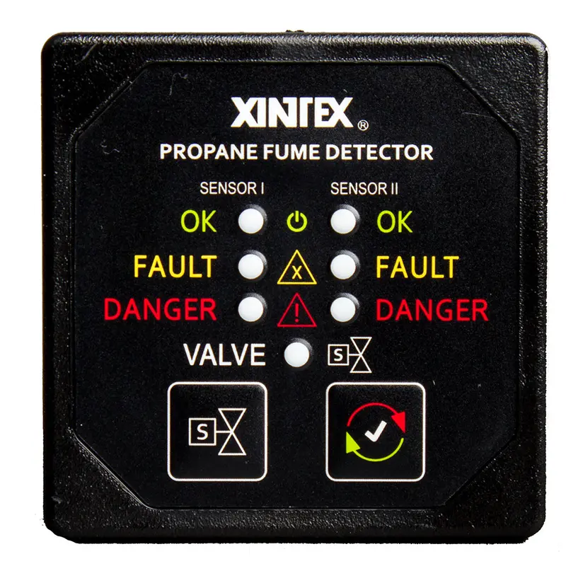 Fireboy-Xintex Propane Fume Detector – Dual Plastic Sensors, No Solenoid, Square Black Bezel – Model P-2Bnv-R 1