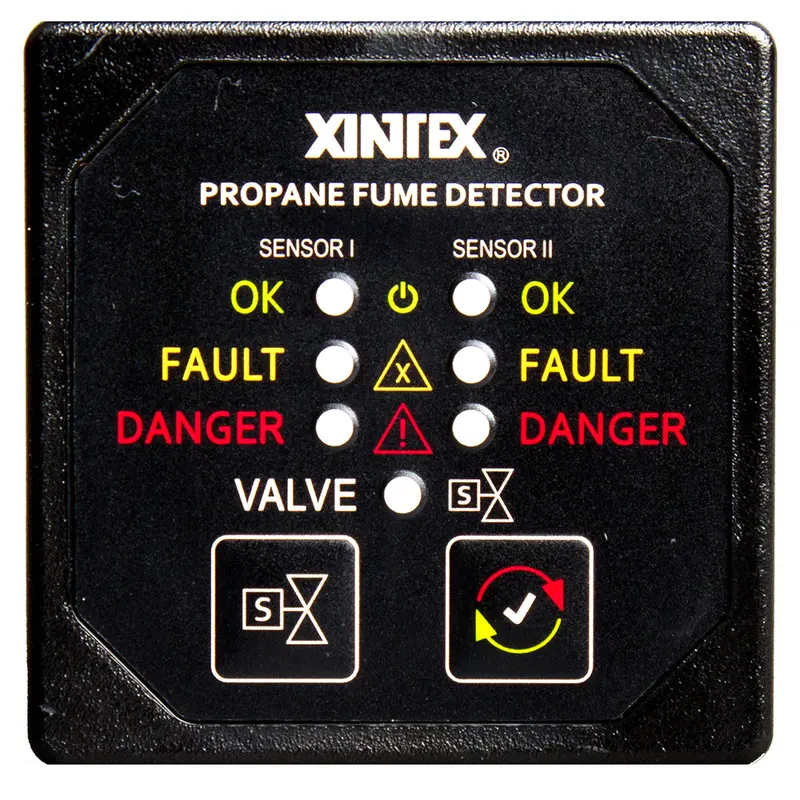 Fireboy-Xintex Propane Fume Detector With Alarm – Dual Plastic Sensors & Solenoid Valve, Square Black Bezel – Model P-2Bs-R 1