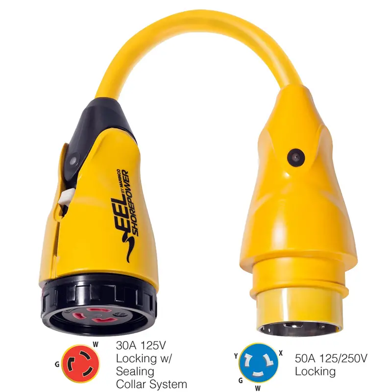 Marinco Yellow Pigtail Adapter: 30A 125V Female To 50A 125/250V Male – Model P504-30 1