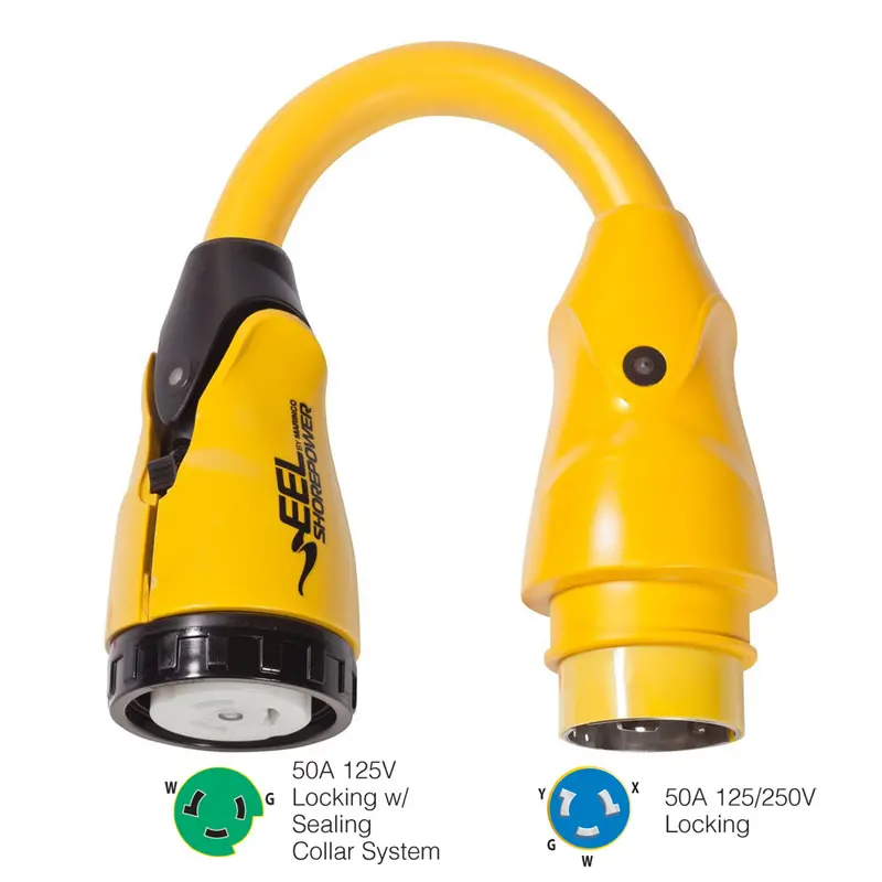Marinco Yellow Pigtail Adapter: 50A 125V Female To 50A 125/250V Male – Model P504-503 1