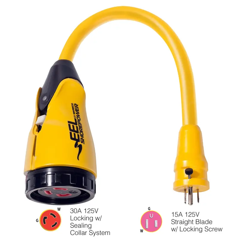 Marinco Yellow Pigtail Converter: 30A 125V Female To 15A 125V Male – Model P15-30 1