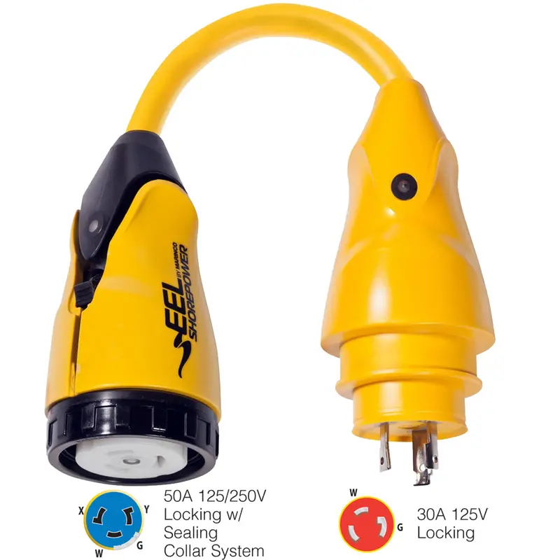 Marinco Yellow Pigtail Converter: 50A 125/250V Female To 30A 125V Male – Model P30-504 1