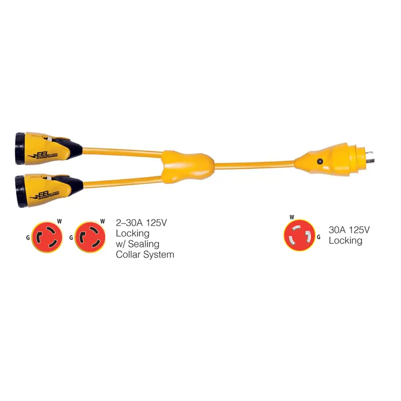 Marinco Yellow Y-Adapter: Two 30A 125V Female Inputs To One 30A 125V Male Output – Model Y30-2-30 1