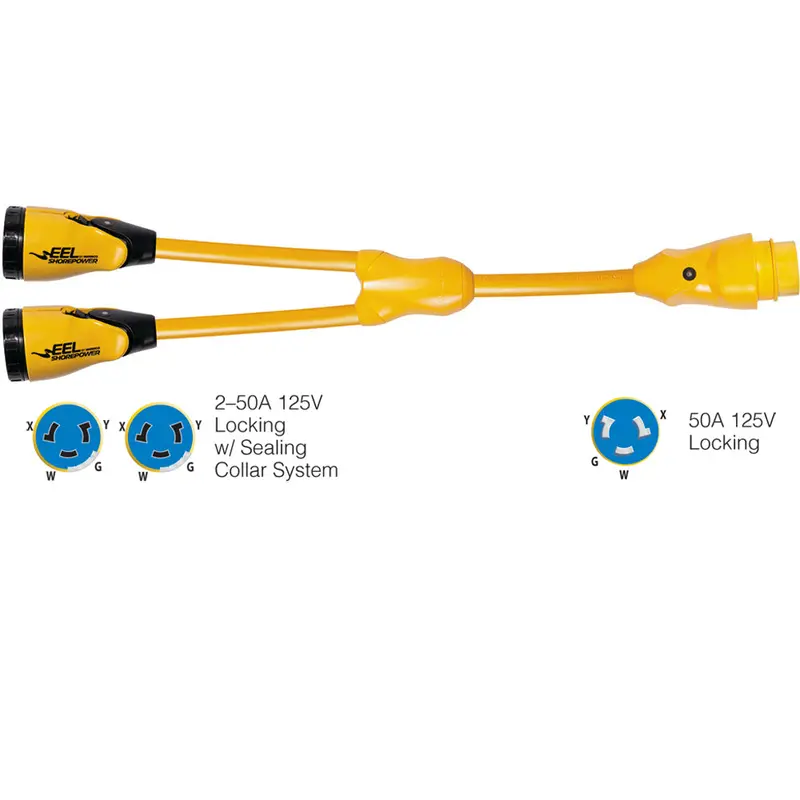 Marinco Yellow Y-Style Dual 50A 125/250V Female To Single 50A 125/250V Male Shore Power Adapter – Model Y504-2-504 1