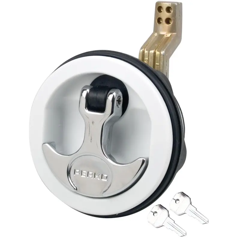 Perko Surface-Mount Latch Assembly – White Body, Chrome Handle, Offset Cam, Adjustable Size (3/4"–2-3/8") 1
